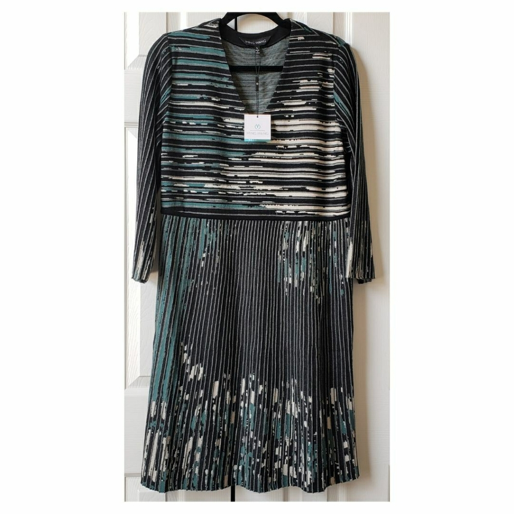 NWT Ming Wang Stripe Jacquard Knit Dress - L | Quiet Luxury Workwear